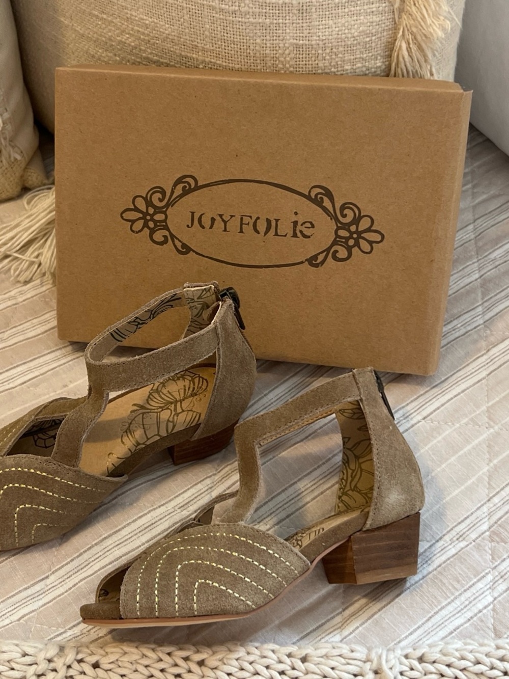 Joyfolie Taupe Suede T-Strap Low Block Heel Sandals